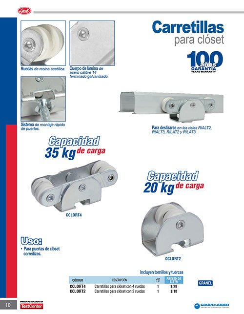 Juego de carretillas riel TT 4 baleros para clóset, galvanizada Lock - FERRETERÍA WITZI