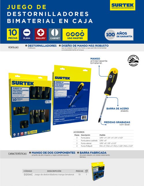 Juego de destornilladores con mango bimaterial combinados con caja, 10 piezas Surtek - FERRETERÍA WITZI