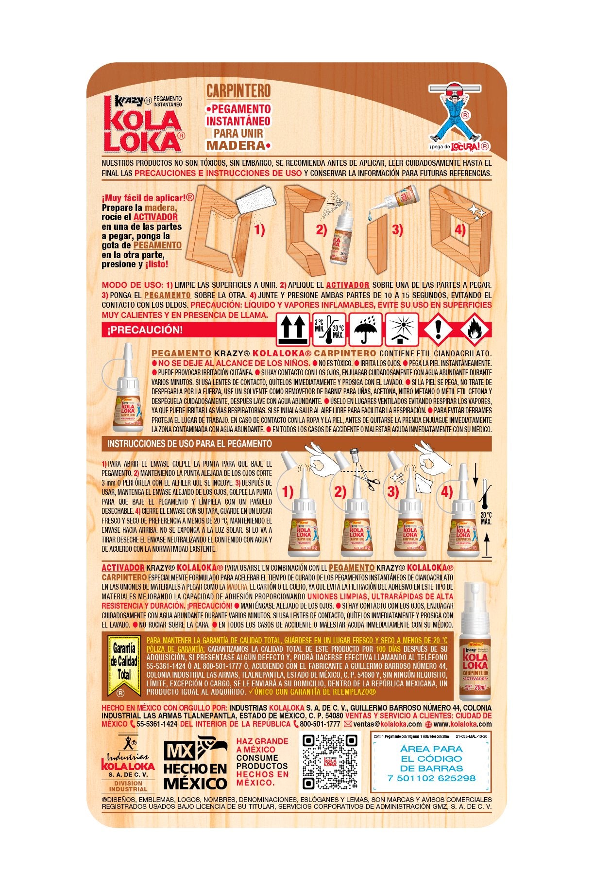 KolaLoka® Carpintero 10g, Pegamento instantáneo de cianocrilato para unir madera y otros materiales - FERRETERÍA WITZI
