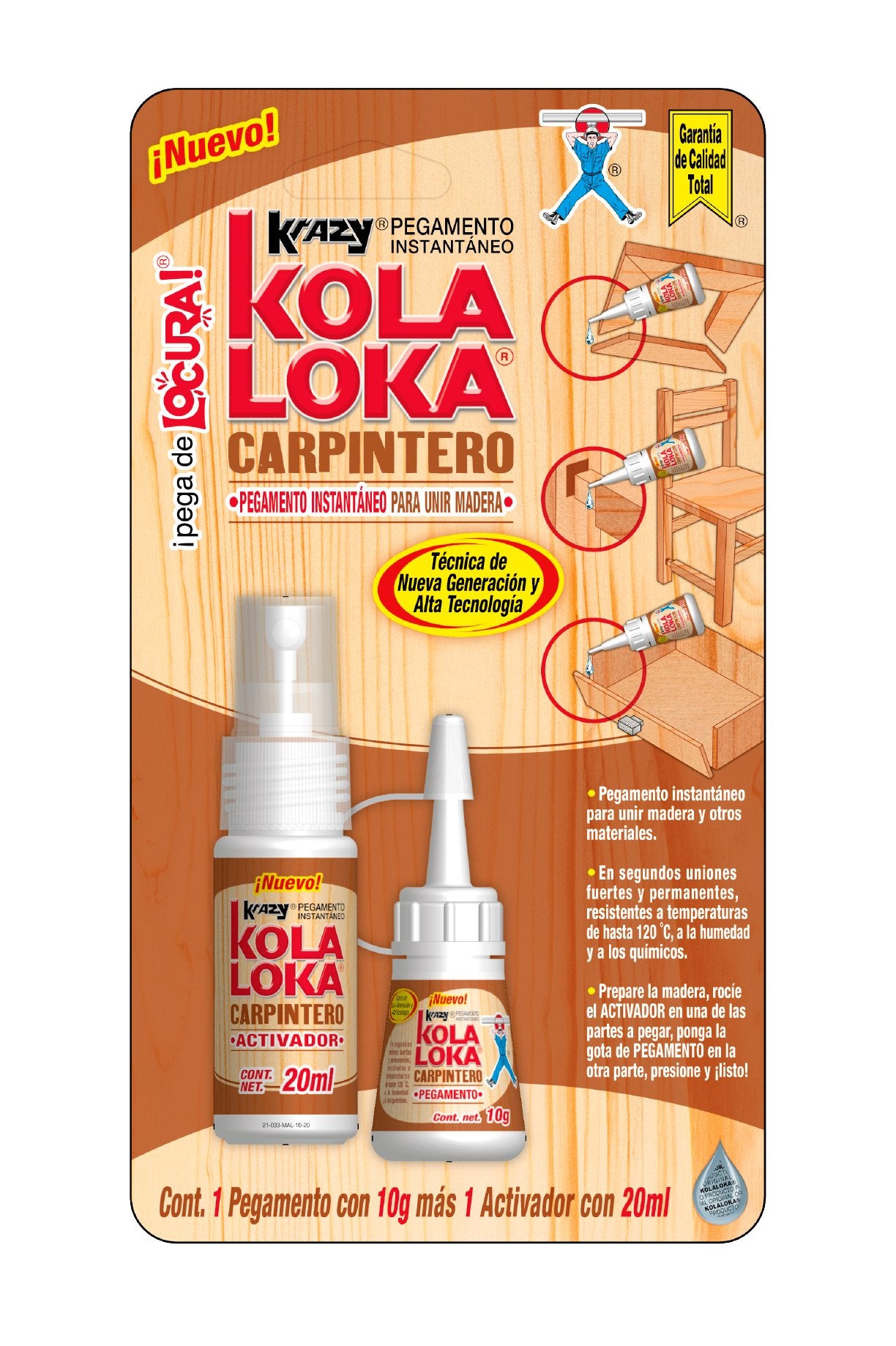 KolaLoka® Carpintero 10g, Pegamento instantáneo de cianocrilato para unir madera y otros materiales - FERRETERÍA WITZI