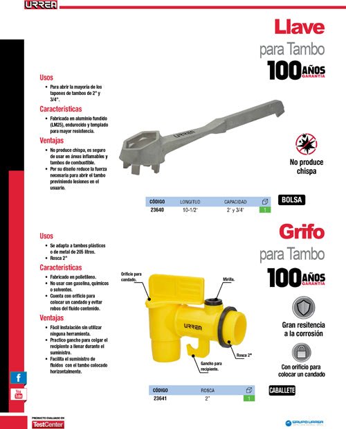 Llave para tapa de tambo 2" y 3/4" Urrea - FERRETERÍA WITZI