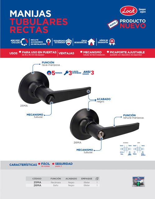 Manija tubular recta función , negra, llave estándar, blíster Lock - FERRETERÍA WITZI
