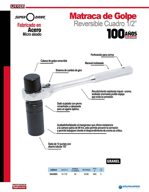 Matraca con cabeza de golpe para dado de 7/8" cuadro de 1/2" Urrea - FERRETERÍA WITZI
