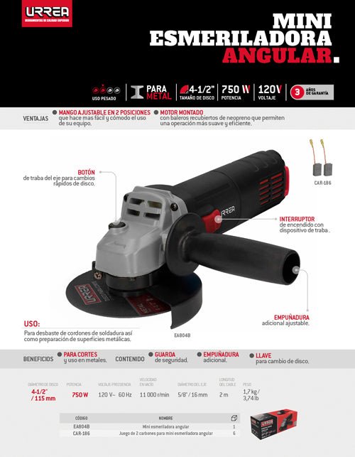 Mini esmeriladora angular 4-1/2" 750 W 120 V Urrea - FERRETERÍA WITZI