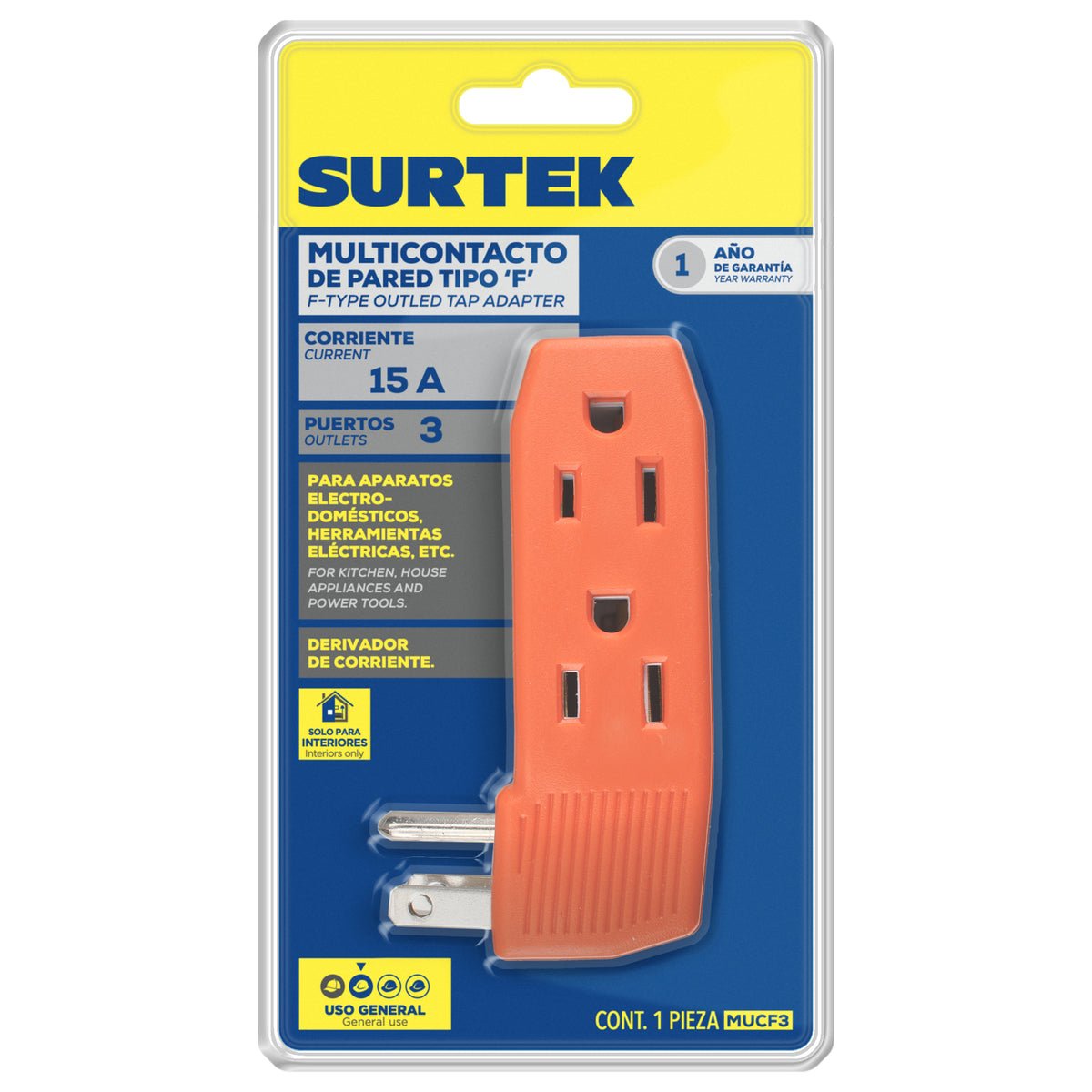 Multicontacto de pared tipo "F", 3 entradas, 15 A Surtek - FERRETERÍA WITZI