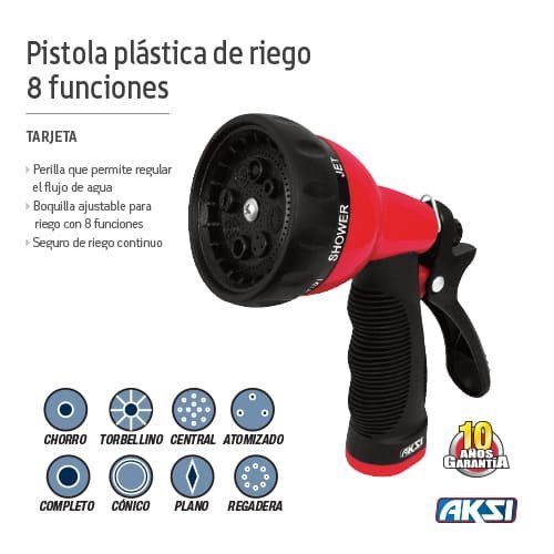 Pistola plastica de riego 8 funciones Aksi - FERRETERÍA WITZI
