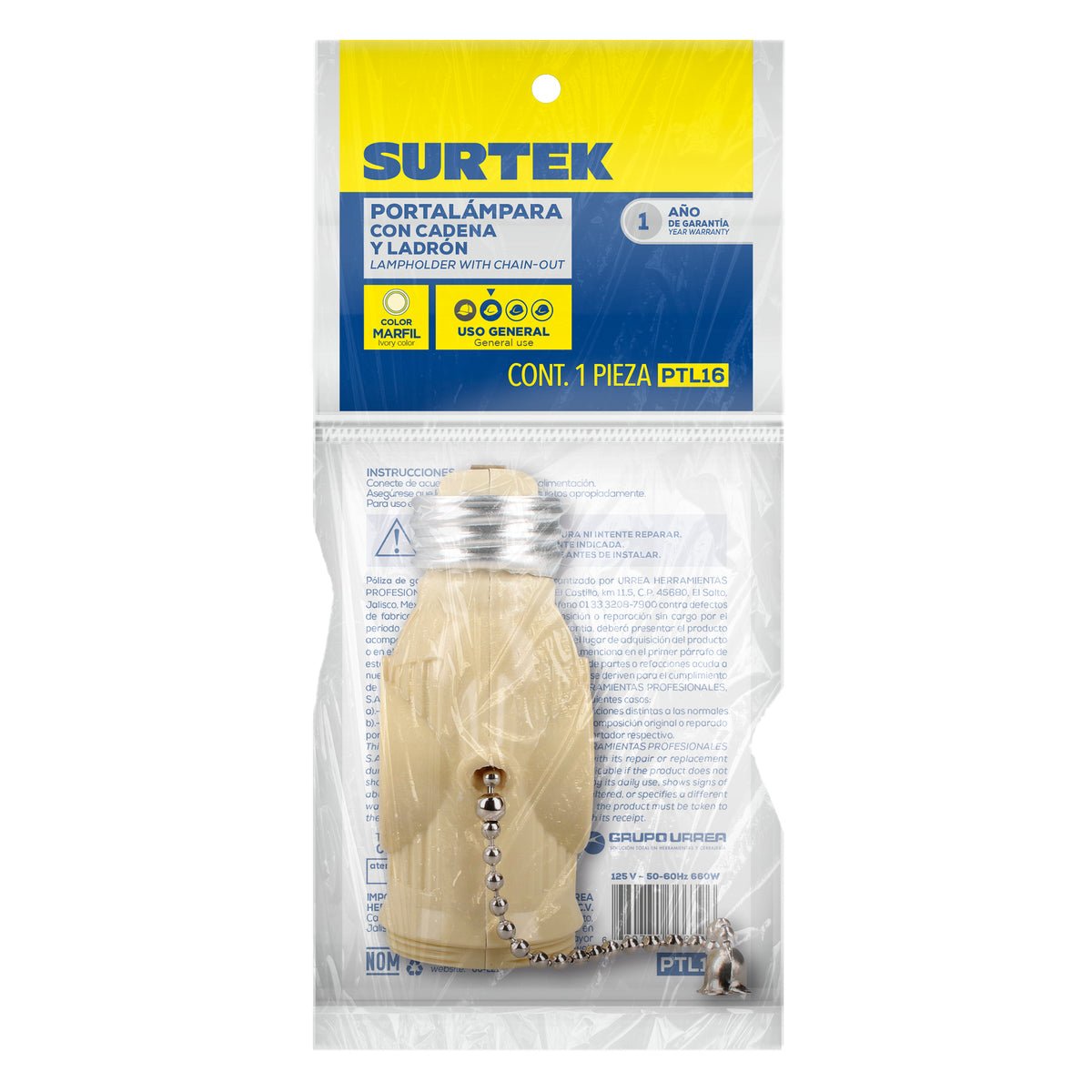 Portalámpara con cadena y ladrón, color marfil Surtek - FERRETERÍA WITZI