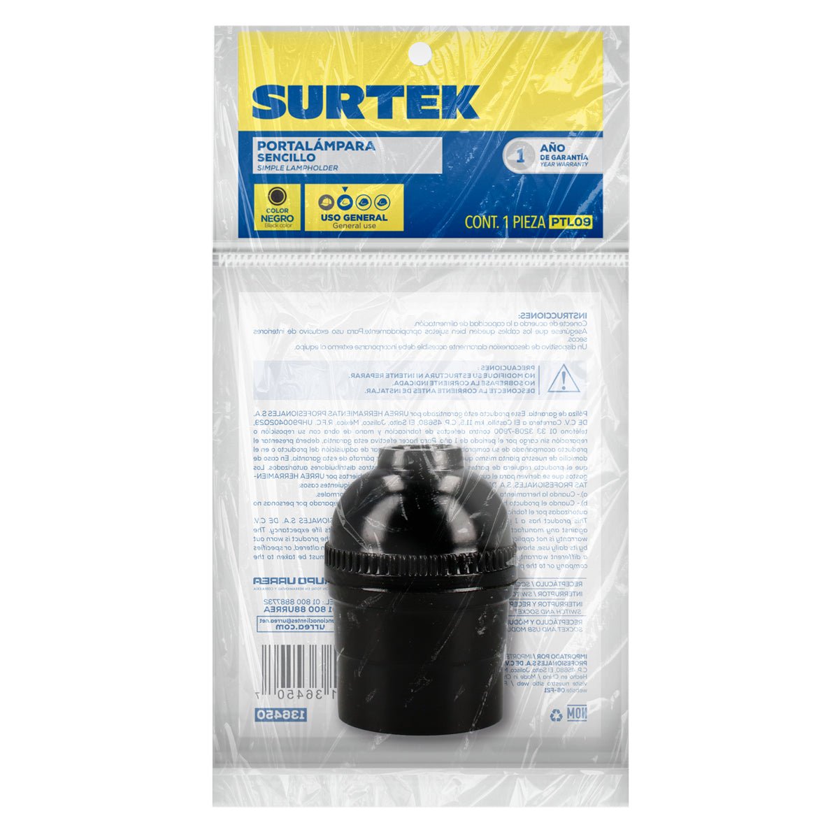 Portalámpara sencilla, color negro Surtek - FERRETERÍA WITZI