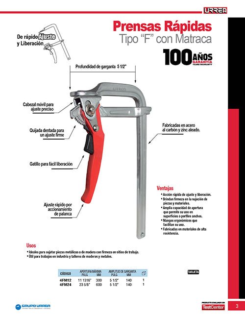 Prensa "F" de acero al carbón 23-1/2" con sistema de matraca Urrea - FERRETERÍA WITZI