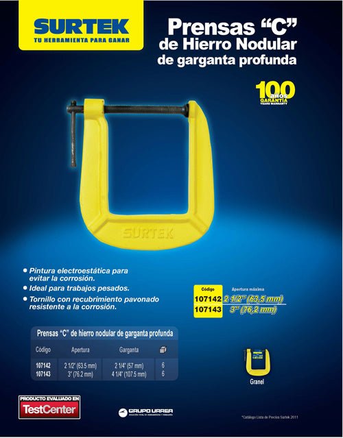 Prensa tipo "C" de 3" hierro nodular, garganta profunda Surtek - FERRETERÍA WITZI