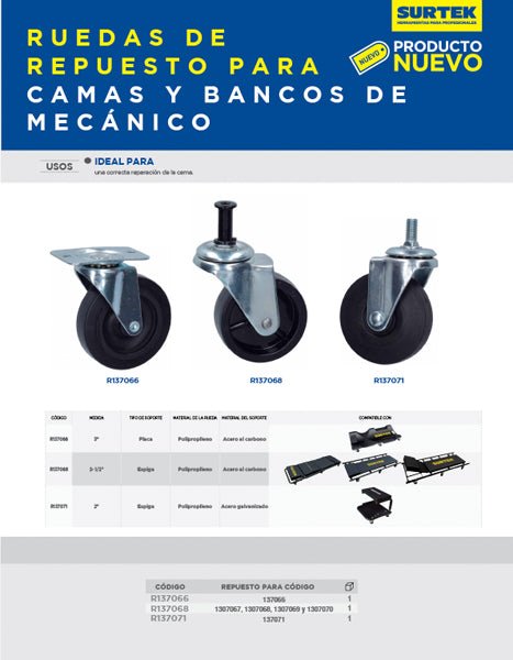 Repuestos de ruedas para cama para mecánico, 137066 Surtek - FERRETERÍA WITZI
