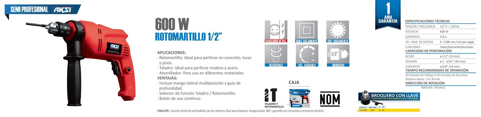 Rotomartillo 600W de 1/2" - SEMI PRO Aksi - FERRETERÍA WITZI