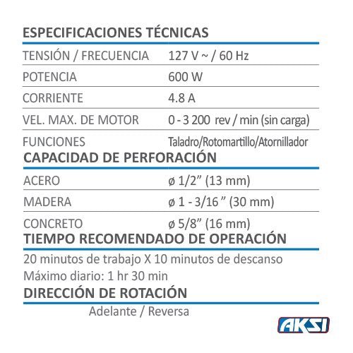Rotomartillo 600W de 1/2" - SEMI PRO Aksi - FERRETERÍA WITZI