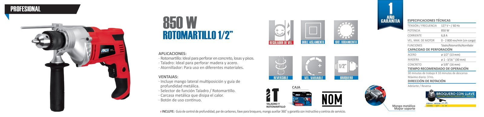 Rotomartillo 850W de 1/2" - PRO Aksi - FERRETERÍA WITZI