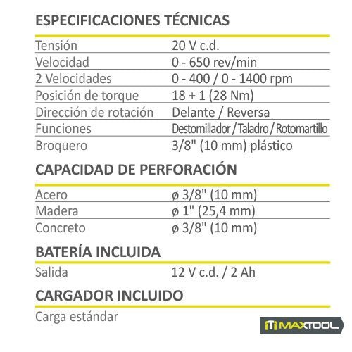 Rotomartillo inalámbrico de 1/2"" / 20V - 2 Ah MX Maxtool - FERRETERÍA WITZI