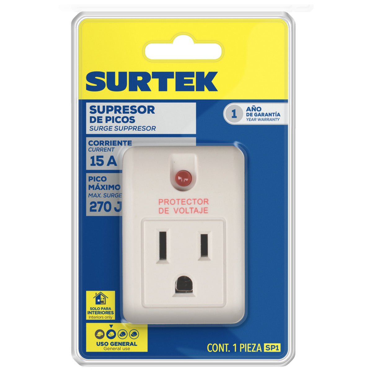 Supresor de picos 1 entrada cable 270 J, 90 cm Surtek - FERRETERÍA WITZI