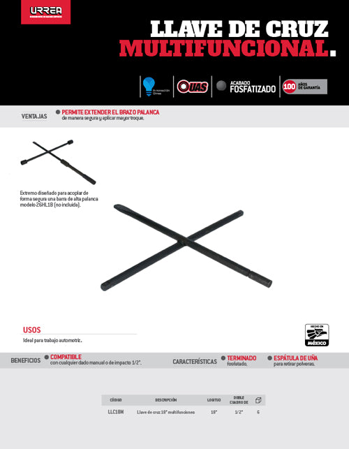 Llave de cruz fosfatizada multifuncional 18" Urrea