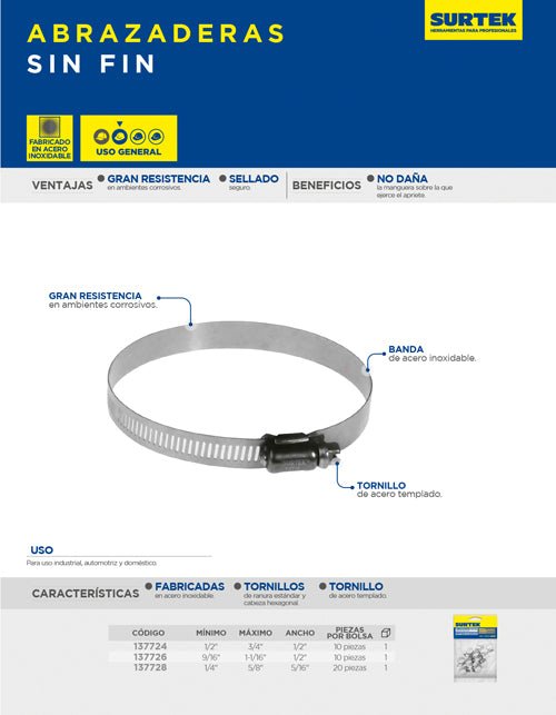Abrazadera sin fin de acero inoxidable de 9/16" a 1-1/16" Surtek - FERRETERÍA WITZI