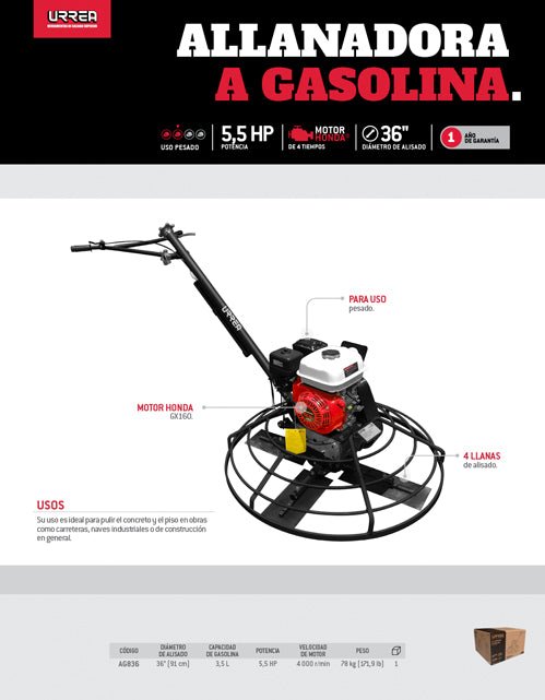 Allanadora a gasolina 5,5 HP, diámetro alisado 36", motor Honda de 4 tiempos, capacidad 4 llanas Urrea - FERRETERÍA WITZI