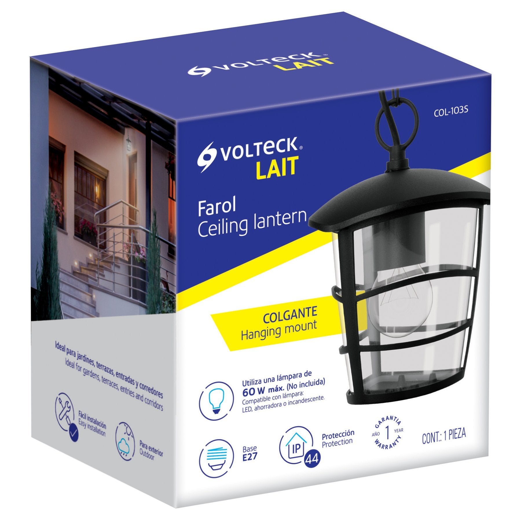 Arbotante farol colgante, diseño moderno, lámpara no incluida, Volteck - FERRETERÍA WITZI