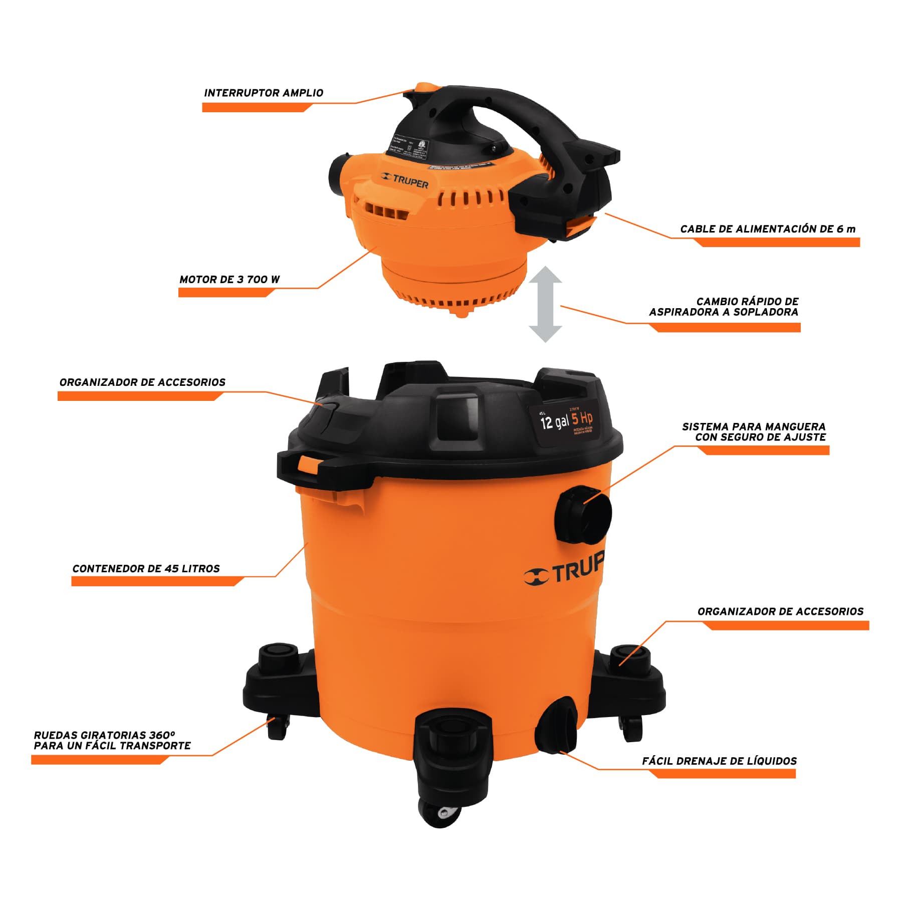 Aspiradora/Sopladora de Sólidos y Líquidos 12 gal, Plástica - FERRETERÍA WITZI