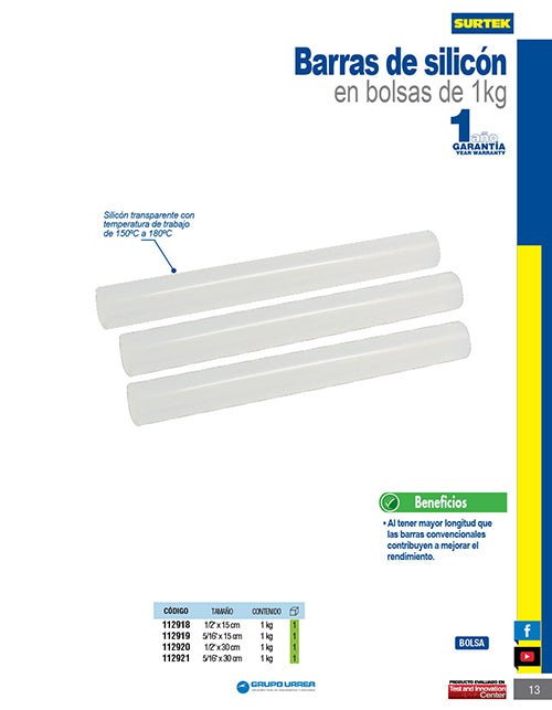 Barra de silicon 1/2", bolsa 1 kg Surtek - FERRETERÍA WITZI