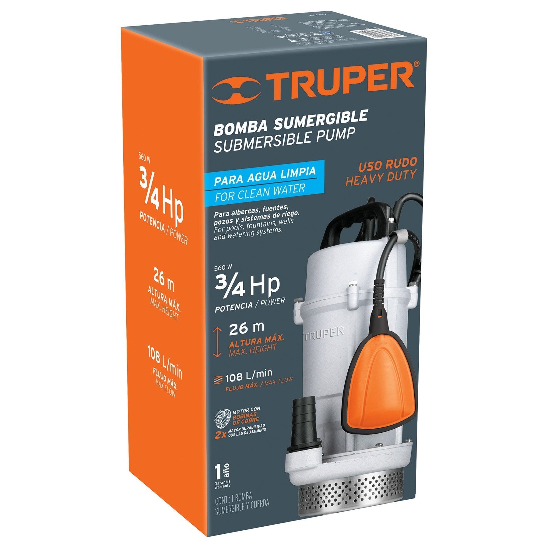 Bomba Sumergible Metálica Para Agua Limpia Uso Rudo 3/4HP, Truper