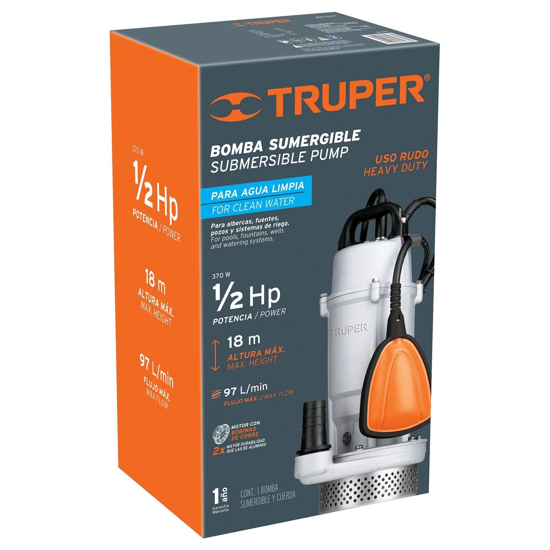 Bomba Sumergible Metálica Para Agua Limpia Uso Ruso 1/2HP, Truper
