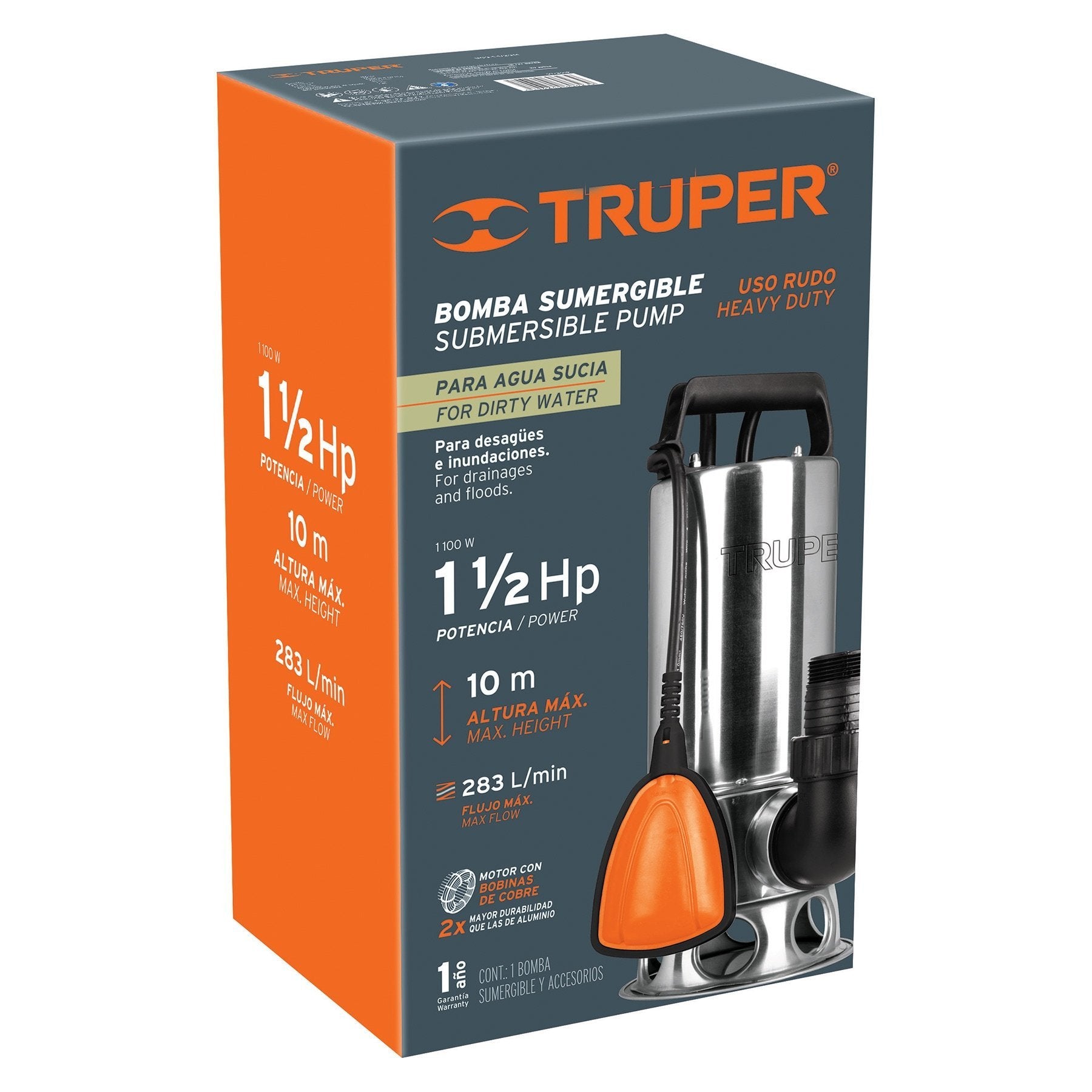 Bomba Sumergible Metálica Para Agua Sucia 1-1/2HP, Truper
