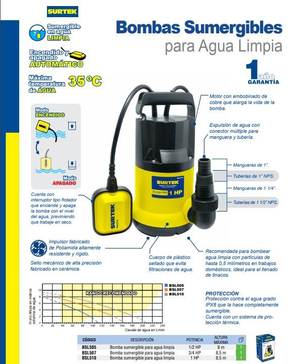 Bomba Sumergible Para Agua Limpia, 1/2HP, Surtek
