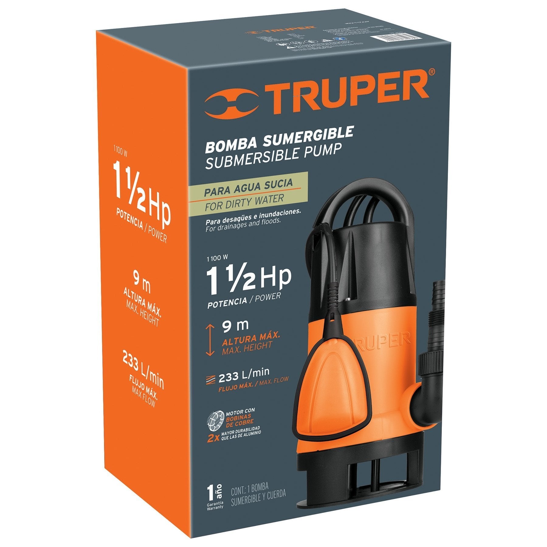 Bomba Sumergible Plástica Para Agua Sucia 1-1/2HP, Truper