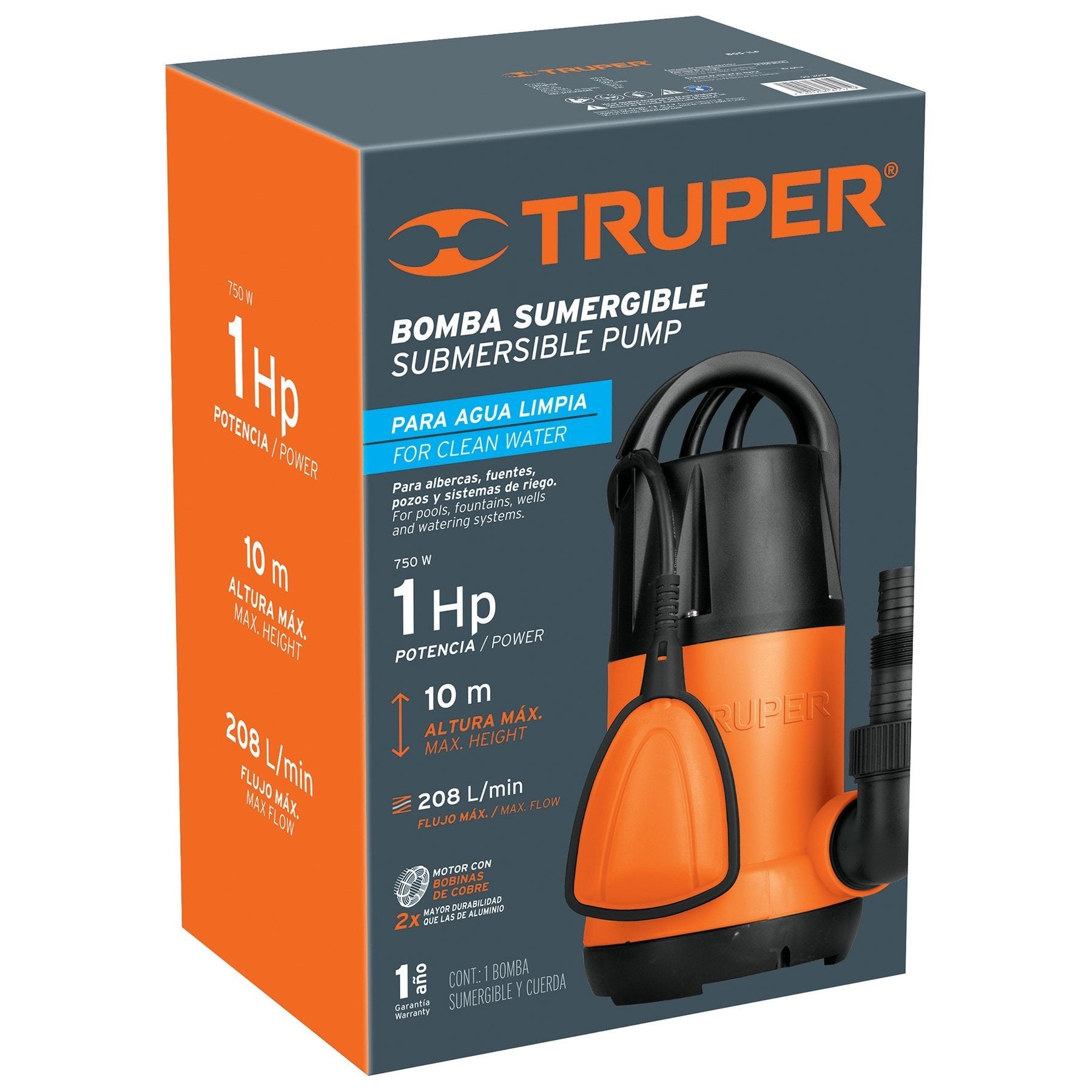 Bombas Sumergible Para Agua Limpia, 1HP, Truper.