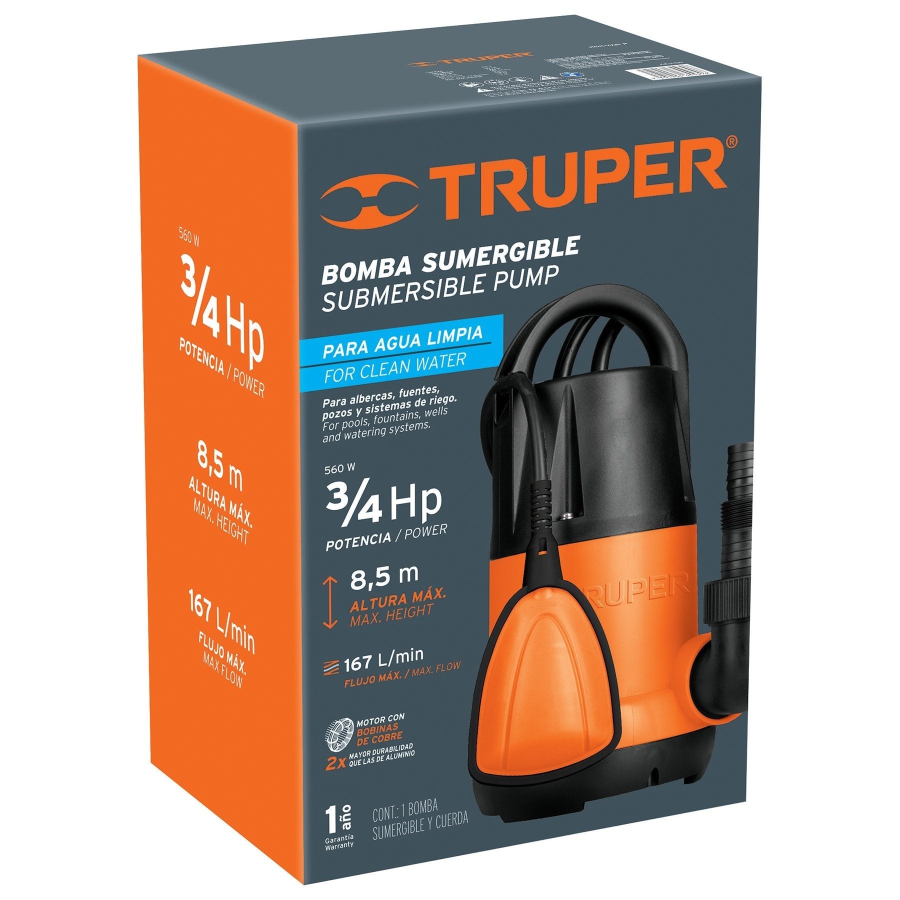 Bombas Sumergible Para Agua Limpia, 3/4HP, Truper.