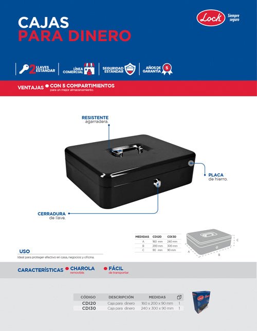 Caja metálica para dinero con charola 240x300mm Lock - FERRETERÍA WITZI