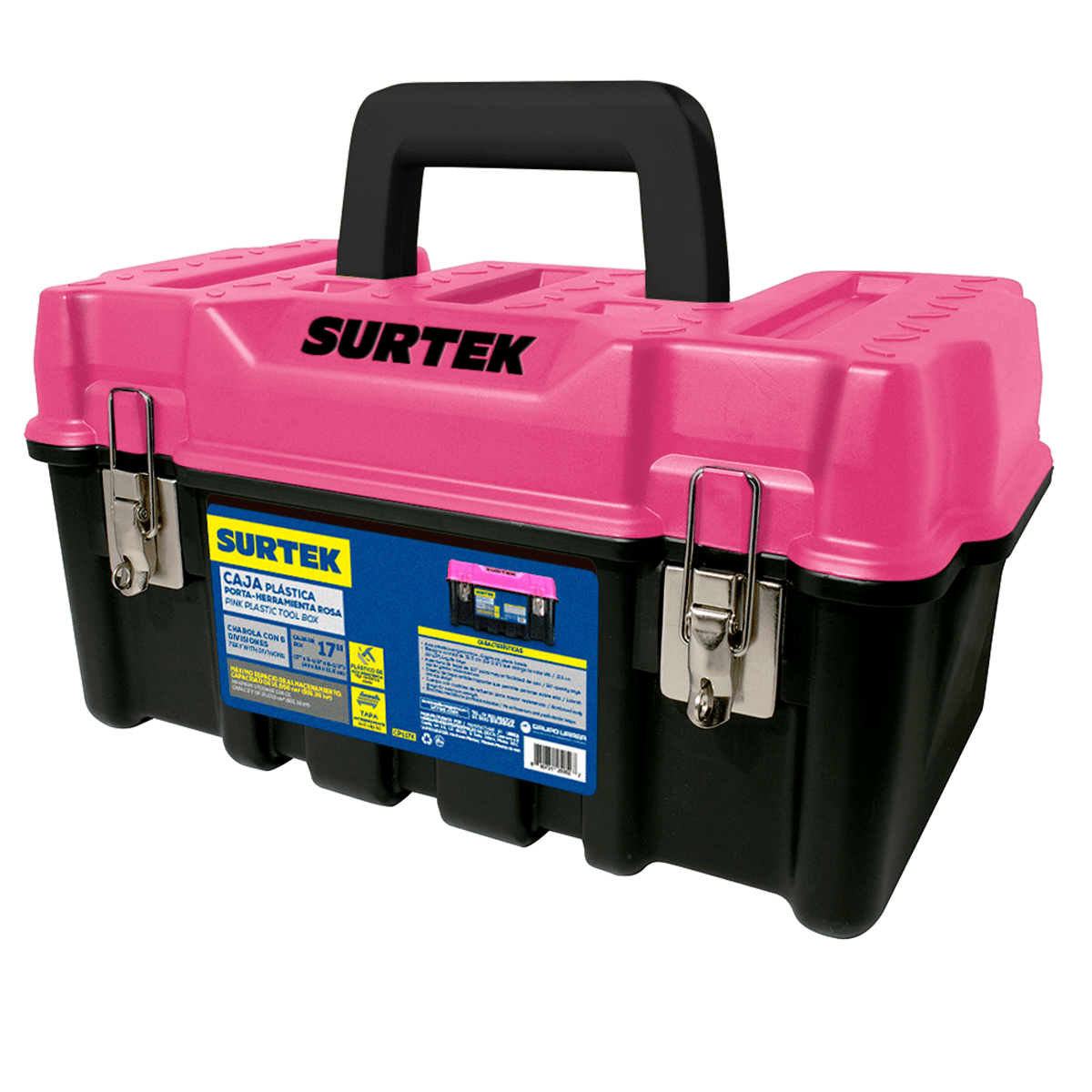 Caja Plástica Rosa 17x9x8" Con Broches Metálicos Surtek. - FERRETERÍA WITZI
