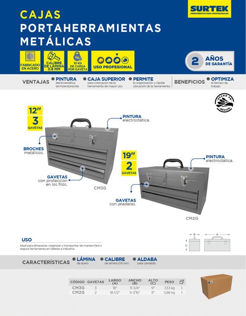 Caja portaherramientas metálica color gris con 3 gavetas 11" x 18" x 9" Surtek - FERRETERÍA WITZI