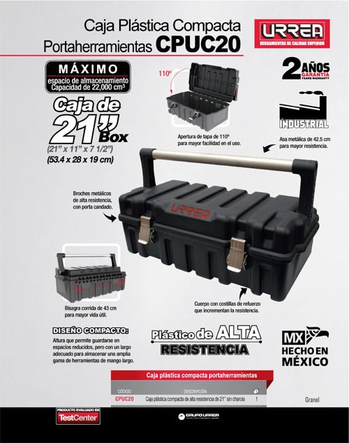 Caja portaherramientas plástica compacta con broches metálicos 21" x 11" x 7" Urrea - FERRETERÍA WITZI