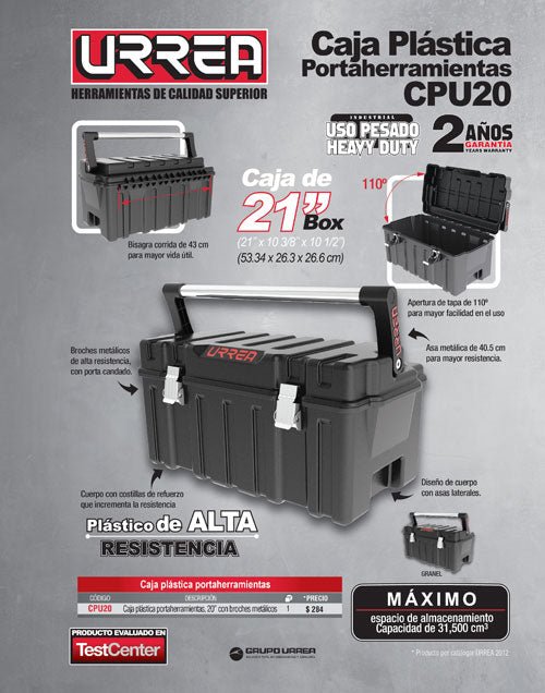 Caja portaherramientas plástica con broches metálicos 21" x 11" x 10" Urrea - FERRETERÍA WITZI