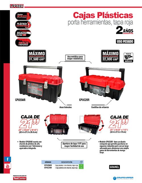 Caja portaherramientas plástica con broches metálicos, charola y tapa roja 21" x 11" x 10" Urrea - FERRETERÍA WITZI