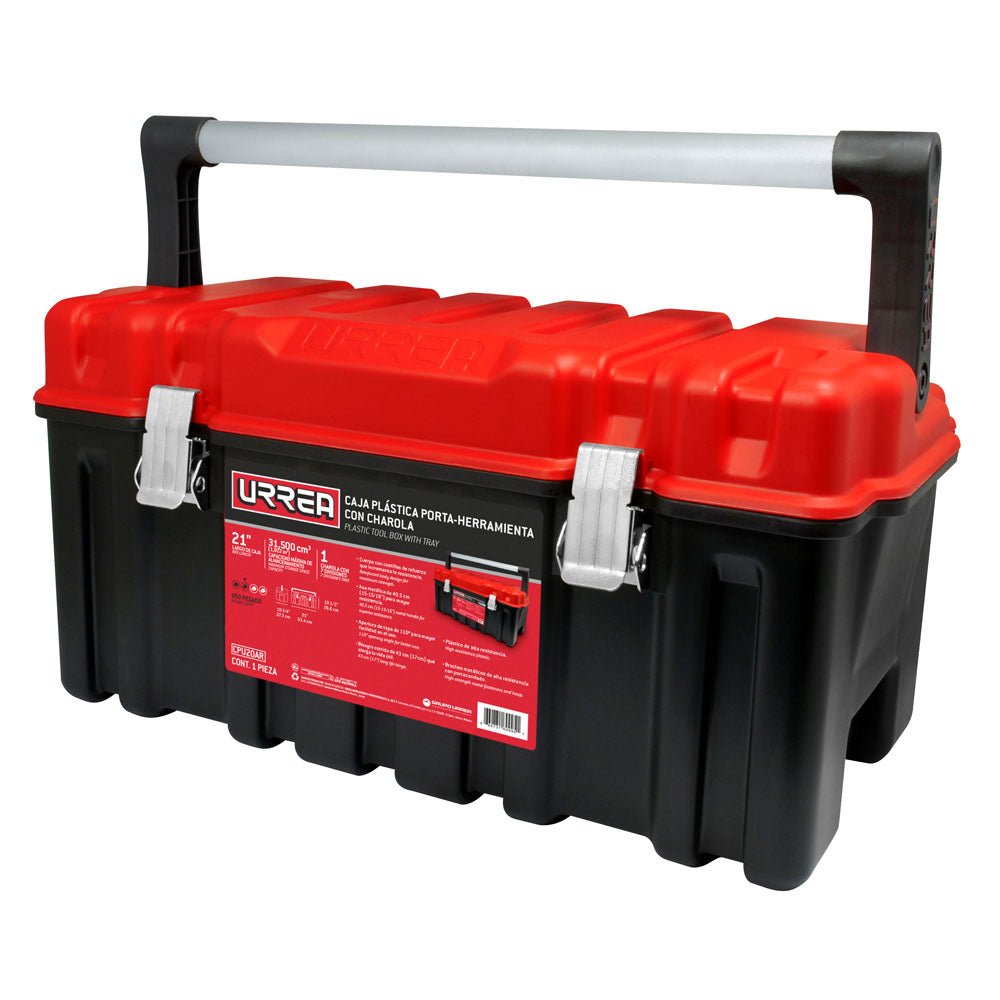 Caja portaherramientas plástica con broches metálicos, charola y tapa roja 21" x 11" x 10" Urrea - FERRETERÍA WITZI