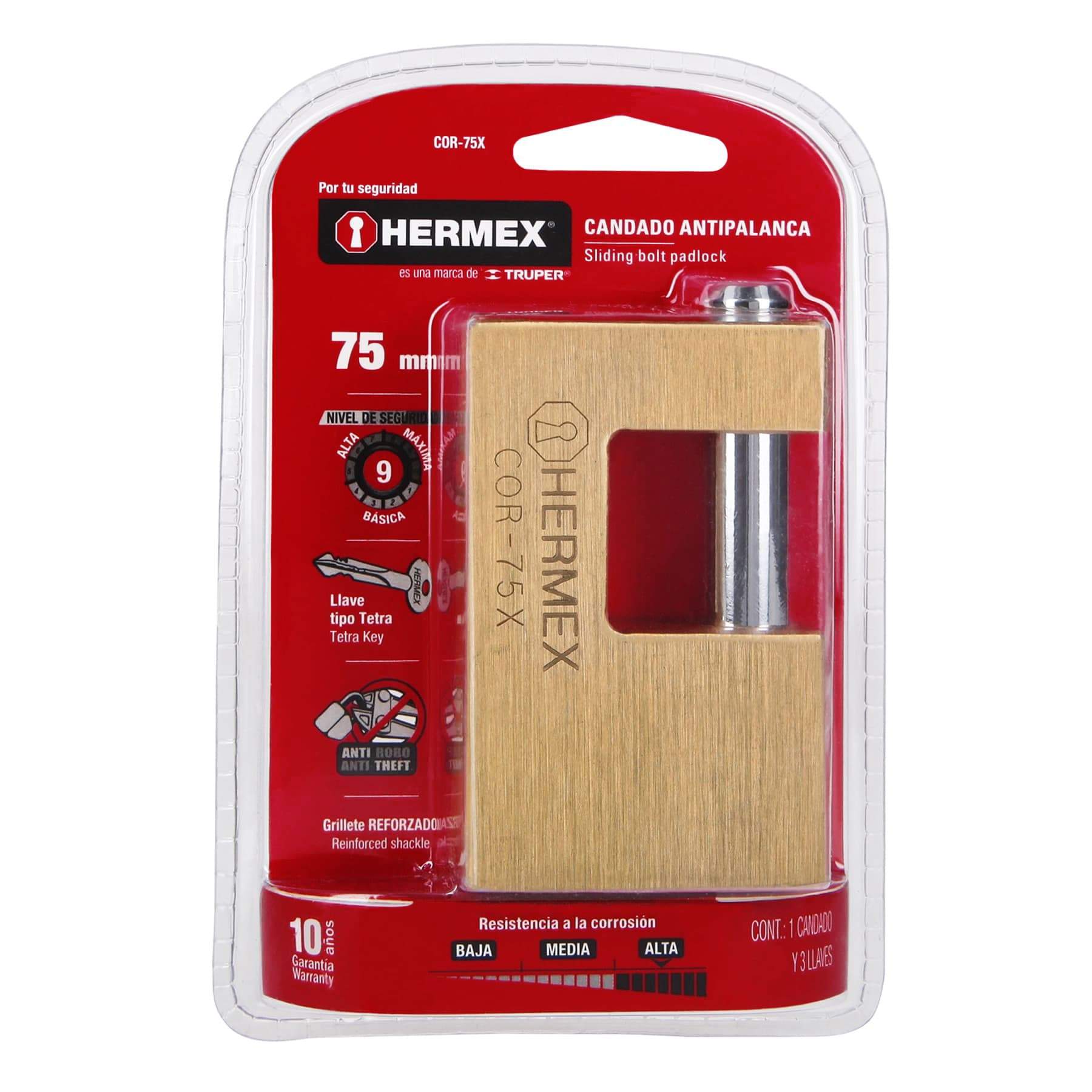 Candado Antipalanca , 75MM, Cuerpo De Latón, Llave Tetra ,Hermex - FERRETERÍA WITZI