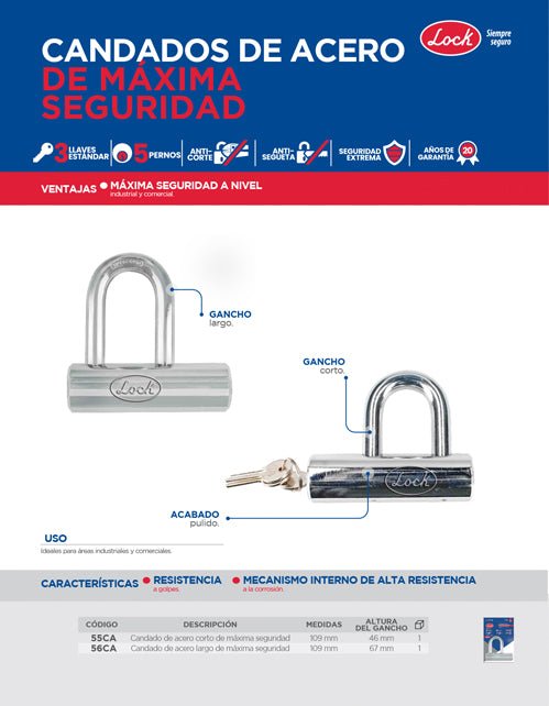 Candado de acero máxima seguridad con gancho largo Lock - FERRETERÍA WITZI