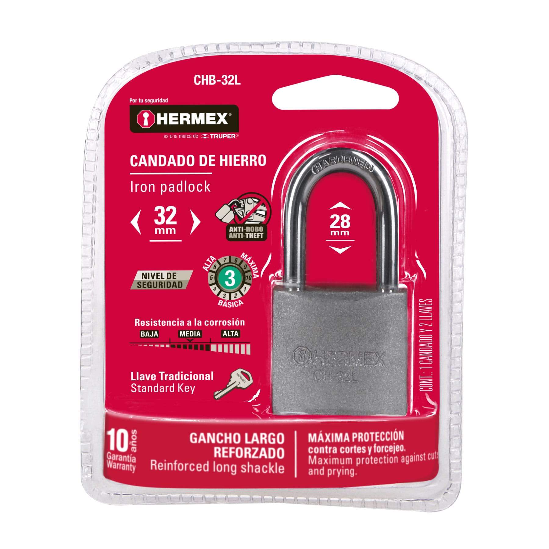 Candado De Hierro, 32 MM, Gancho Largo , Hermex - FERRETERÍA WITZI