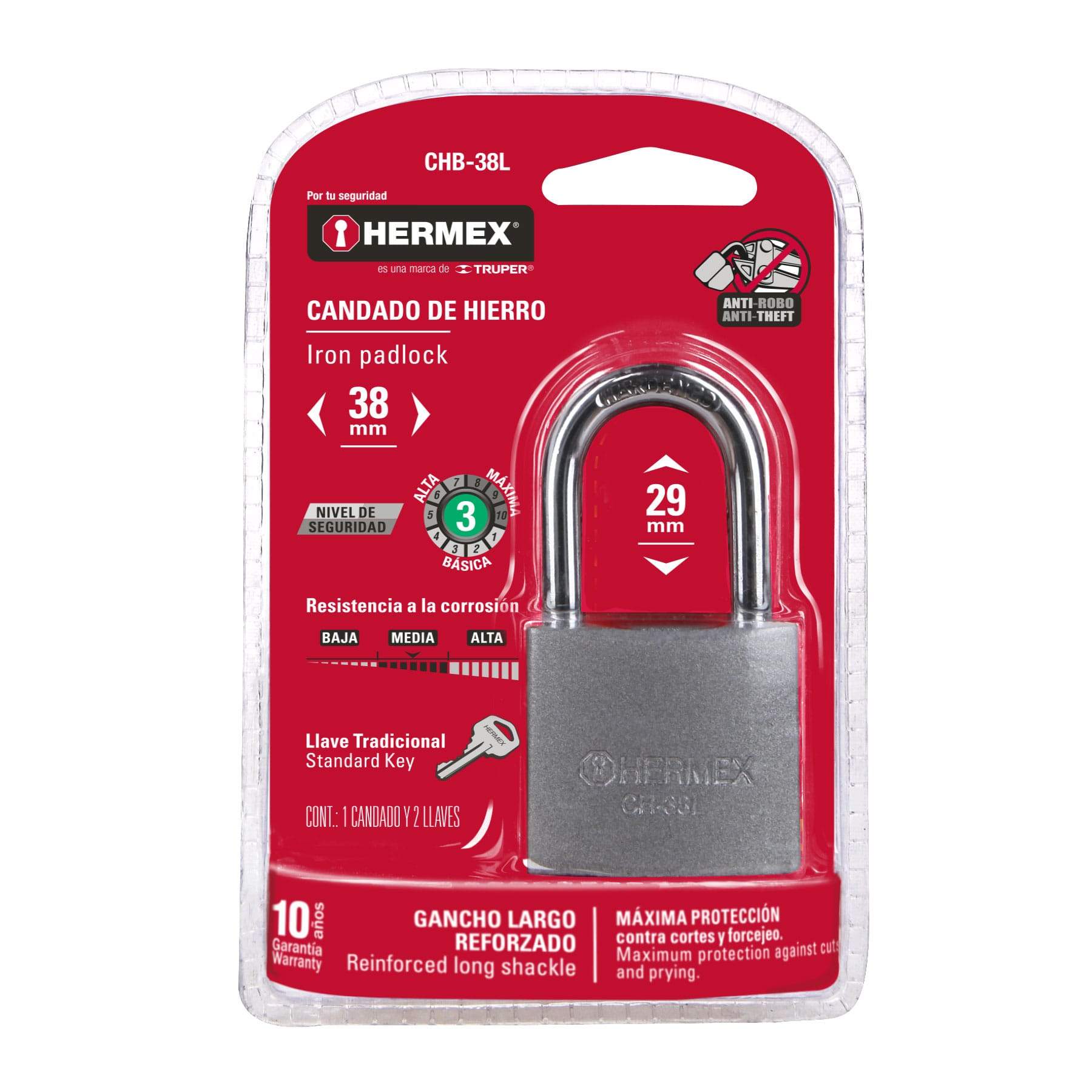 Candado De Hierro, 38MM, Gancho Largo , Hermex - FERRETERÍA WITZI