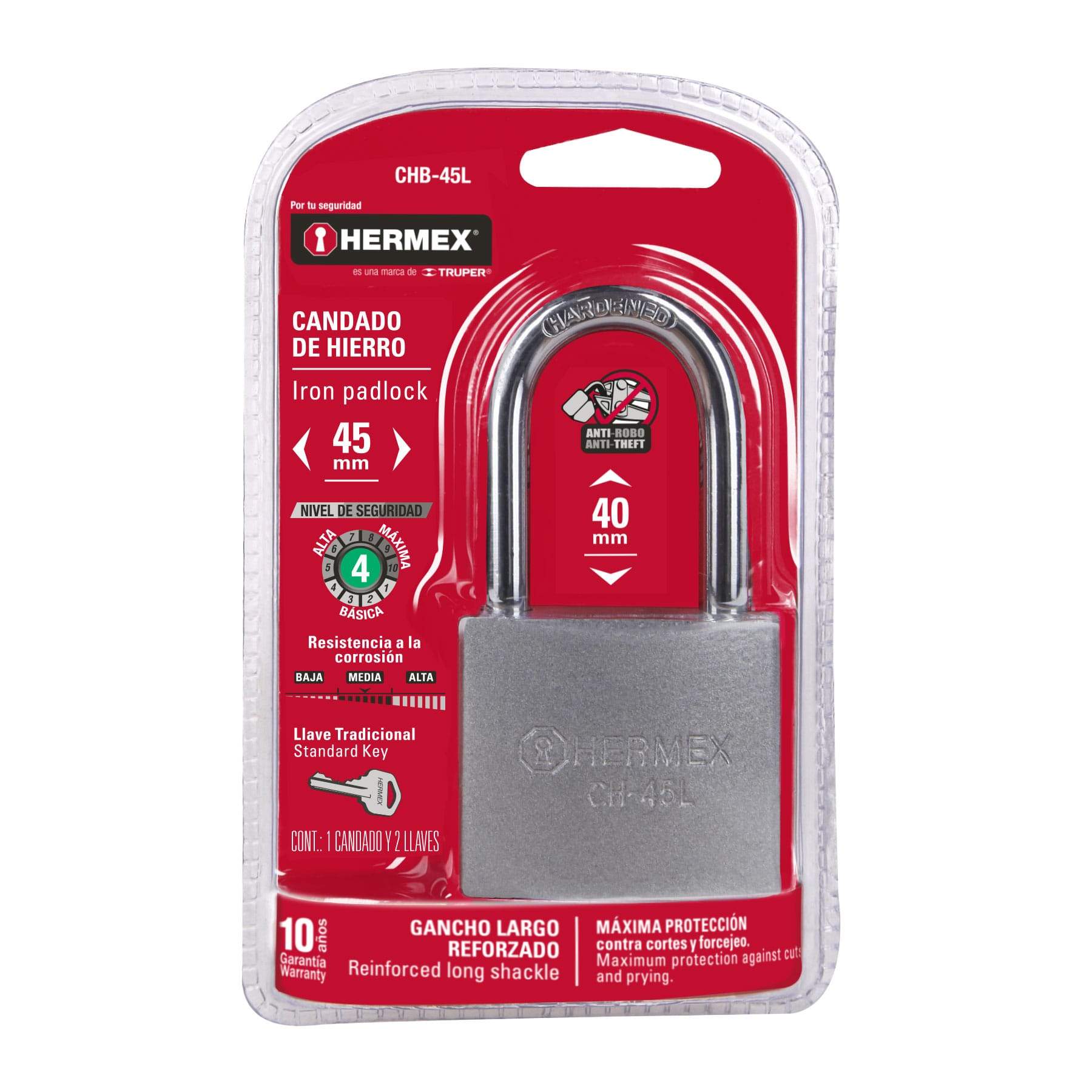 Candado De Hierro , 45MM, Gancho Largo , Hermex - FERRETERÍA WITZI