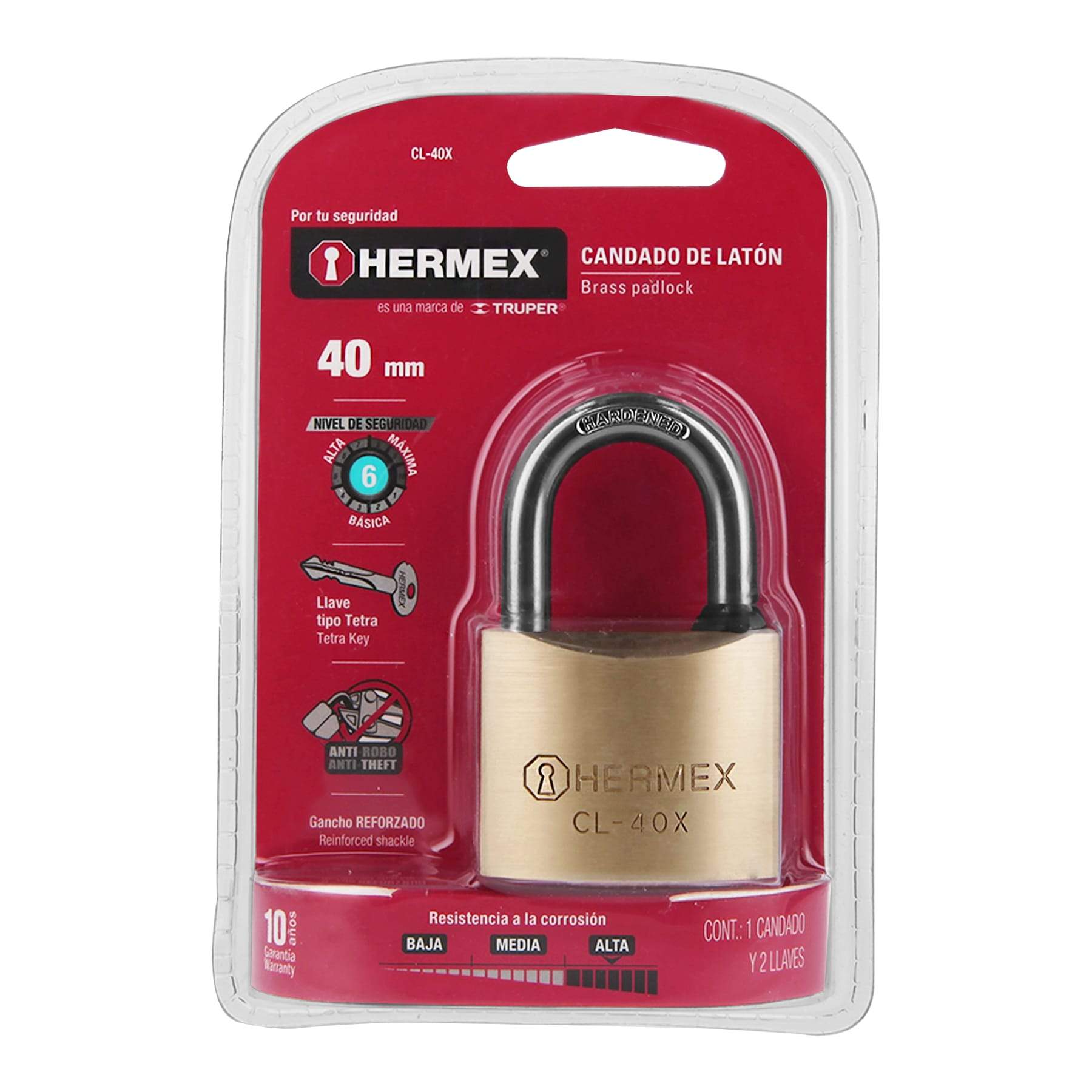 Candado De Latón, 40MM, Gancho Corto, Llave Tetra, Hermex - FERRETERÍA WITZI