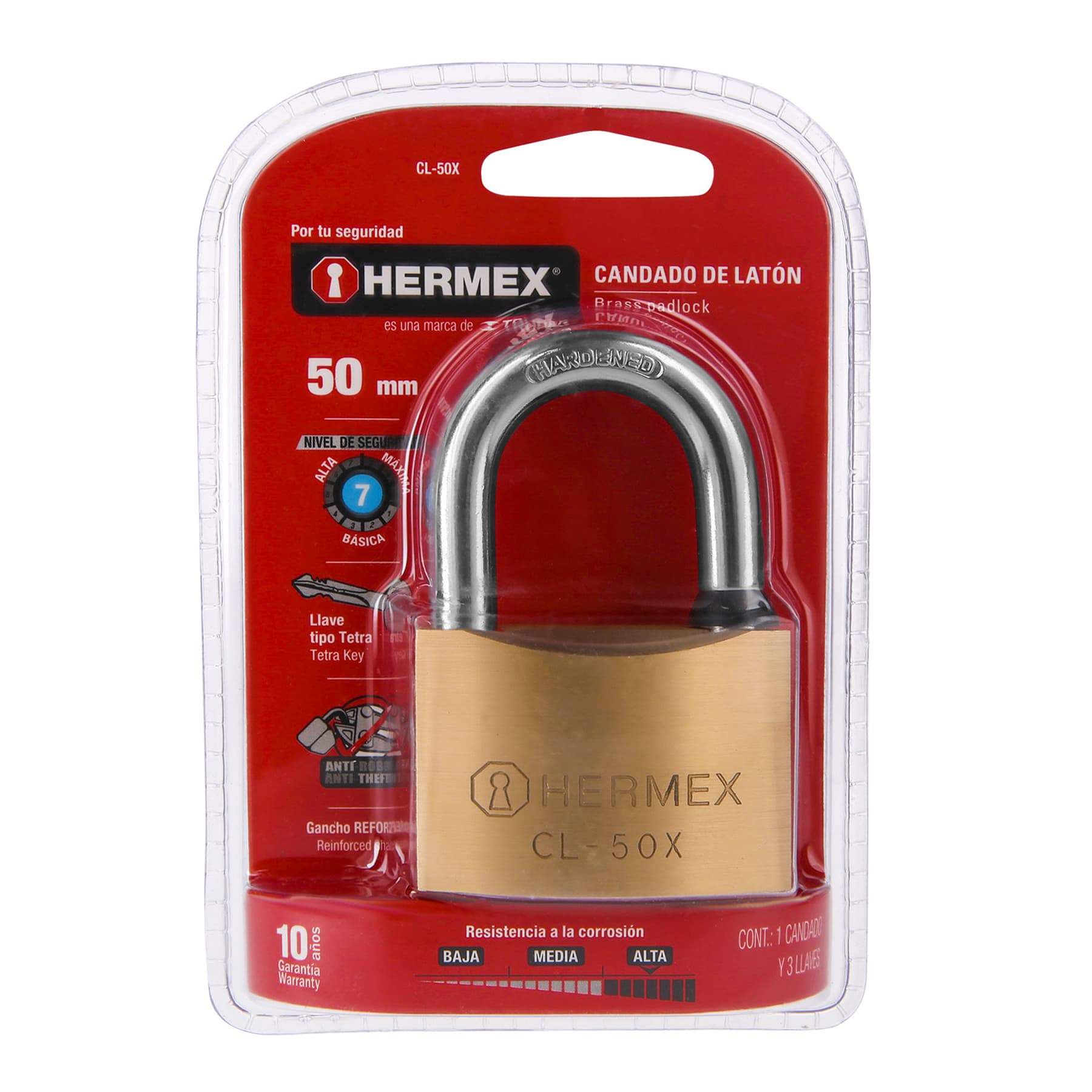 Candado De Latón, 50MM, Gancho Corto, Llave Tetra, Blíster Hermex - FERRETERÍA WITZI