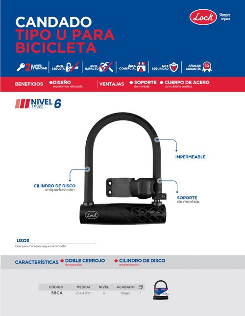 Candado para bicicleta tipo disco "U" Lock - FERRETERÍA WITZI