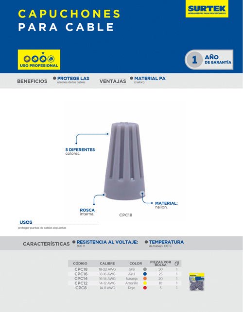 Capuchón para cable calibre 14 - 12, color amarillo Surtek - FERRETERÍA WITZI