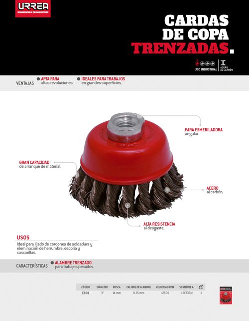 Carda copa trenzada alambre fino 3" x 0.35 mm con rosca M14 Urrea - FERRETERÍA WITZI